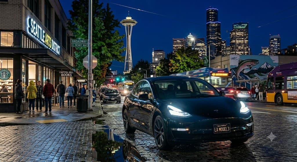 Elite One chauffeured vehicle on a rain-lit Seattle street at night, with the Space Needle and downtown skyline behind it